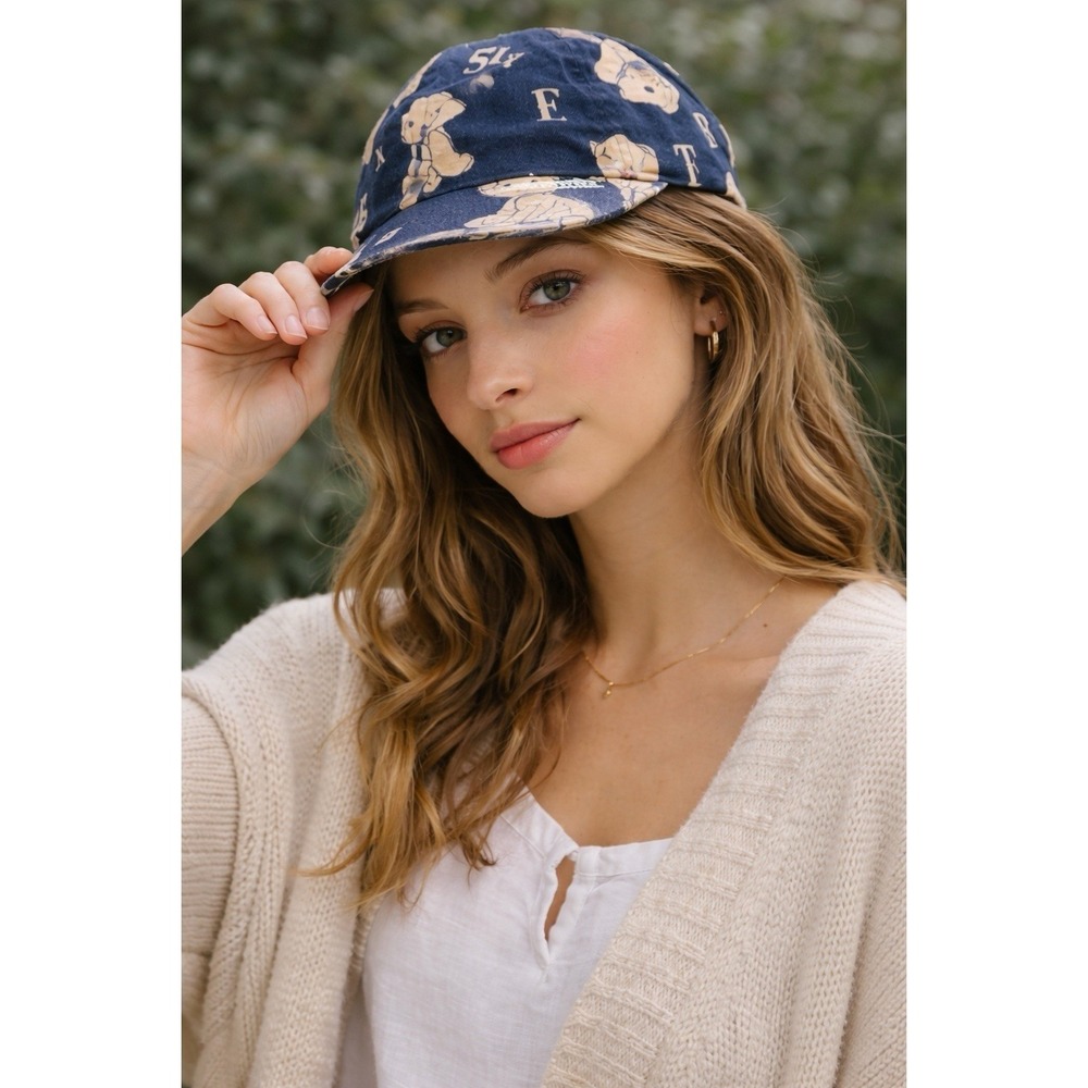 Vintage French Teddy Bear Print Cap Made in France Alphabet Bear‎ Hat